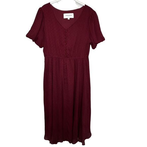 JESSAKAE Dress Womens XL Burgundy Swiss Dot Midi V Neck Button Detail JEE-011 - Picture 1 of 9